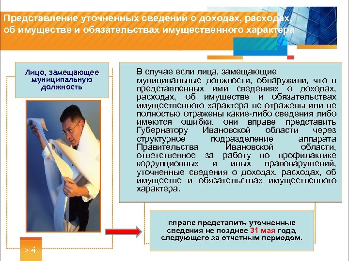 Представление уточненных сведений о доходах, расходах, об имуществе и обязательствах имущественного характера Лицо, замещающее