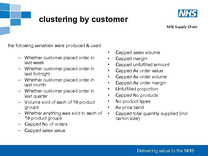 clustering by customer the following variables were produced & used – Whether customer placed