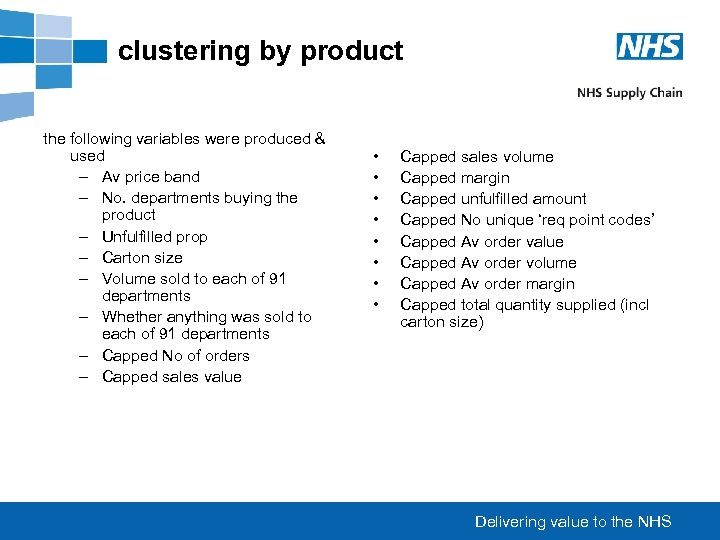 clustering by product the following variables were produced & used – Av price band