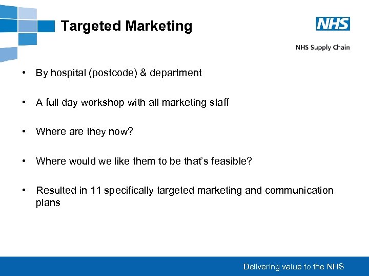 Targeted Marketing • By hospital (postcode) & department • A full day workshop with