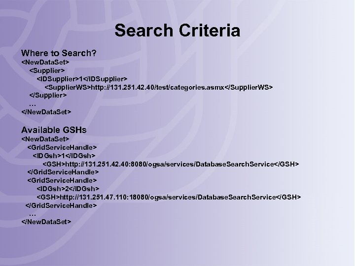 Search Criteria Where to Search? <New. Data. Set> <Supplier> <IDSupplier>1</IDSupplier> <Supplier. WS>http: //131. 251.