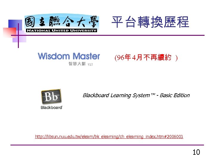 平台轉換歷程 (96年 4月不再續約 ) Blackboard Learning System™ - Basic Edition http: //libsun. nuu. edu.