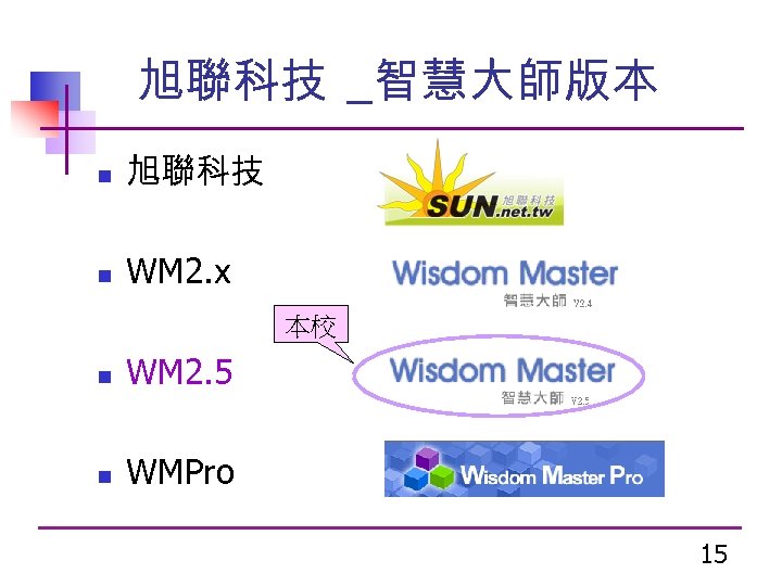 旭聯科技 _智慧大師版本 n 旭聯科技 n WM 2. x 本校 n WM 2. 5 n