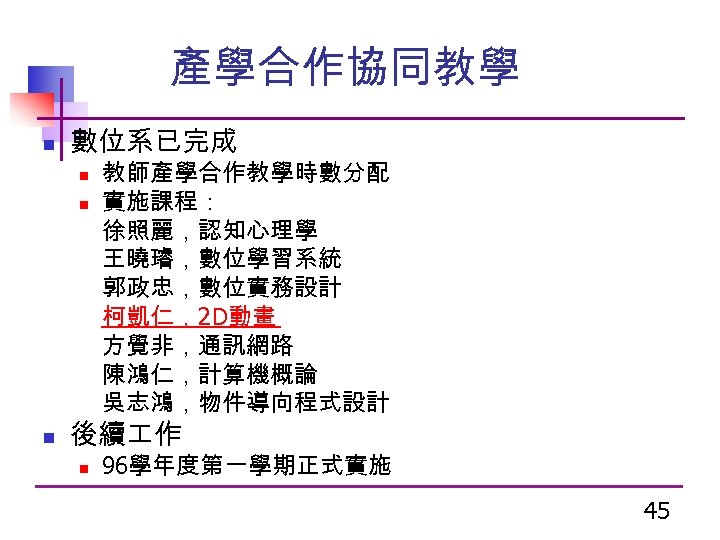 產學合作協同教學 n 數位系已完成 n n n 教師產學合作教學時數分配 實施課程： 徐照麗，認知心理學 王曉璿，數位學習系統 郭政忠，數位實務設計 柯凱仁，2 D動畫 方覺非，通訊網路