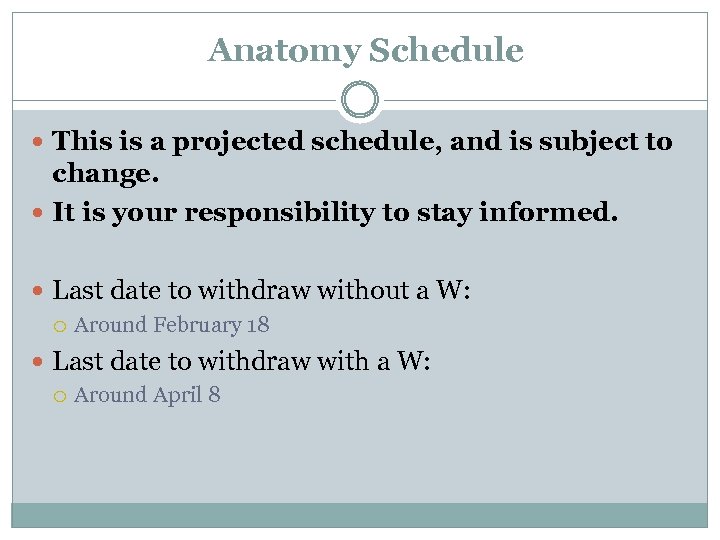 Anatomy Schedule This is a projected schedule, and is subject to change. It is
