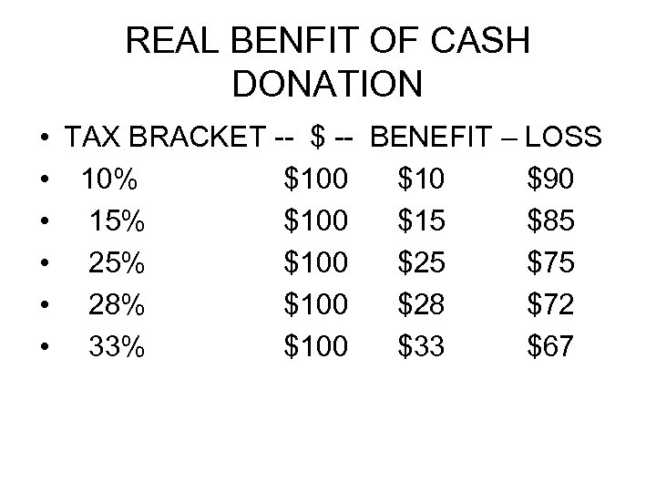 REAL BENFIT OF CASH DONATION • • • TAX BRACKET -- $ -- BENEFIT