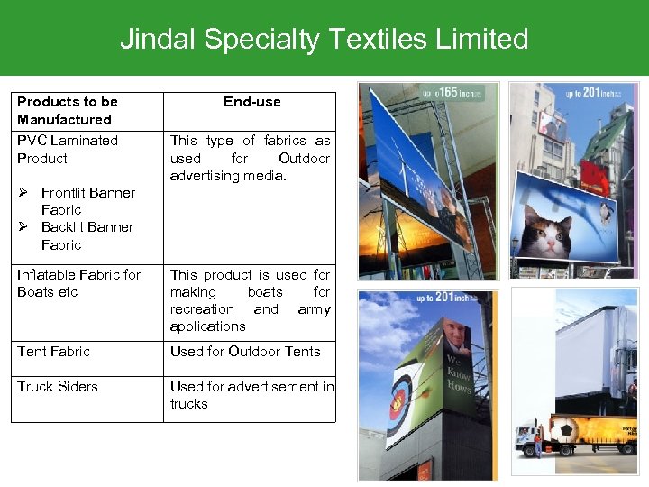 Jindal Specialty Textiles Limited Products to be Manufactured PVC Laminated Product End-use This type