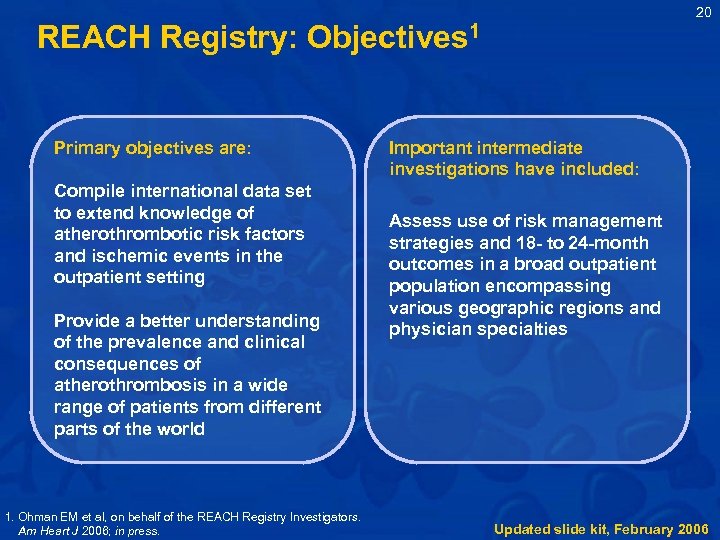20 REACH Registry: Objectives 1 Primary objectives are: Compile international data set to extend