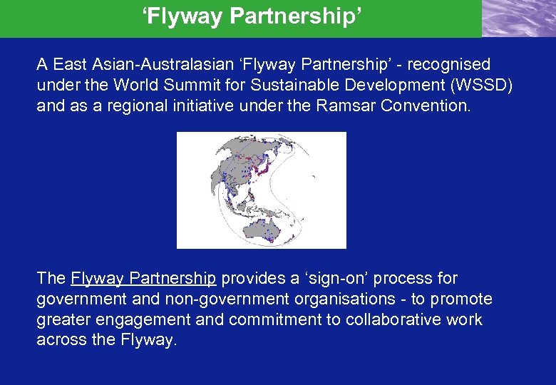 ‘Flyway Partnership’ A East Asian-Australasian ‘Flyway Partnership’ - recognised under the World Summit for