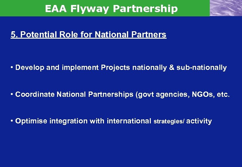 EAA Flyway Partnership 5. Potential Role for National Partners • Develop and implement Projects