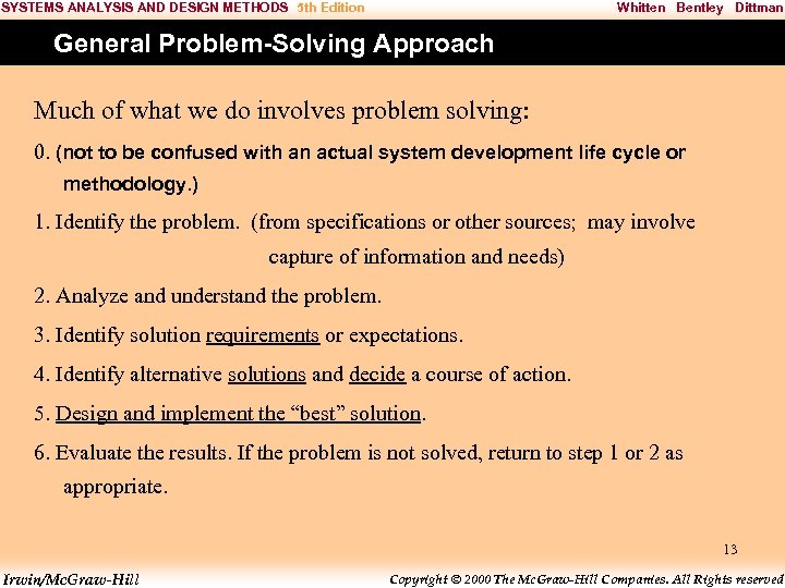 SYSTEMS ANALYSIS AND DESIGN METHODS 5 th Edition Whitten Bentley Dittman General Problem-Solving Approach