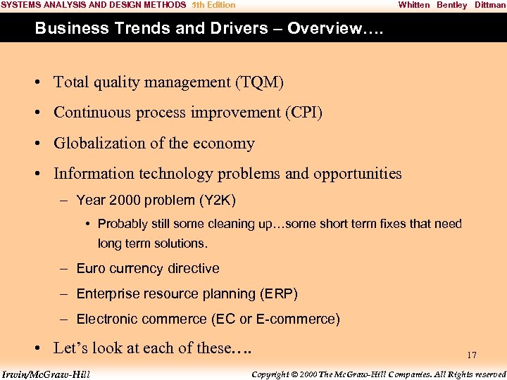 SYSTEMS ANALYSIS AND DESIGN METHODS 5 th Edition Whitten Bentley Dittman Business Trends and