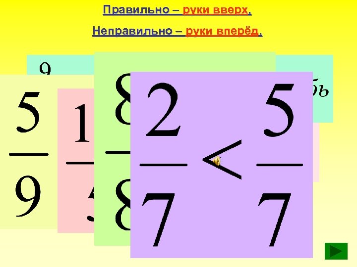 Правильно – руки вверх, Неправильно – руки вперёд. 