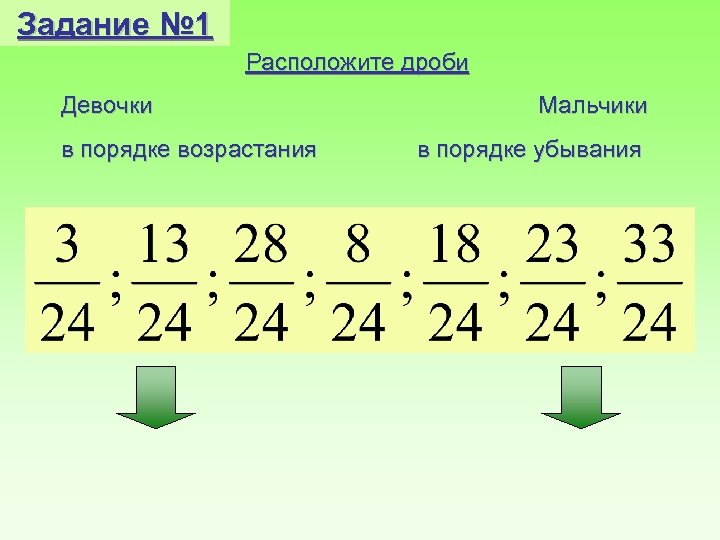 Задание № 1 Расположите дроби Девочки в порядке возрастания Мальчики в порядке убывания 