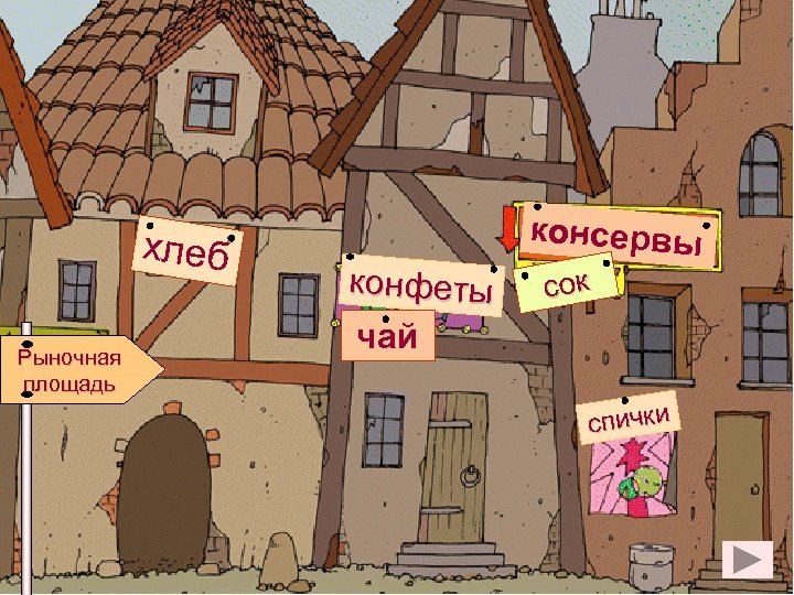 хлеб Рыночная площадь консервы конфеты сок чай спички 