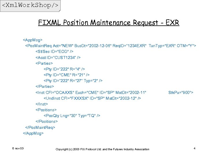 <Xml. Work. Shop/> FIXML Position Maintenance Request - EXR <App. Msg> <Pos. Maint. Req