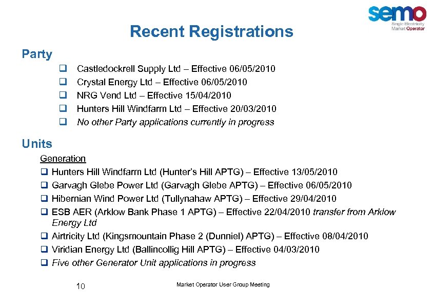 Recent Registrations Party q q q Castledockrell Supply Ltd – Effective 06/05/2010 Crystal Energy