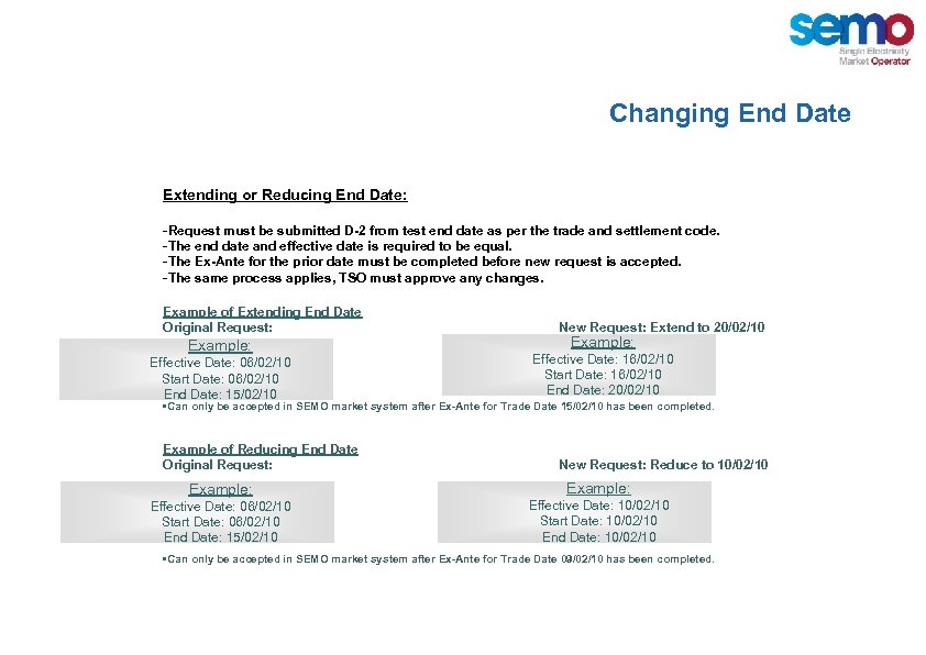 Changing End Date Extending or Reducing End Date: -Request must be submitted D-2 from
