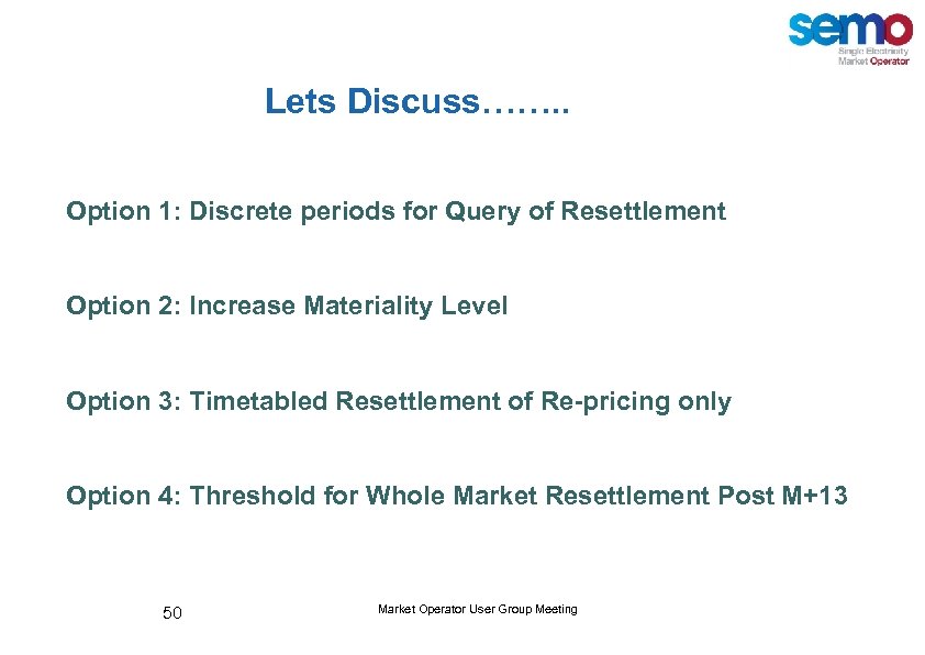 Lets Discuss……. . Option 1: Discrete periods for Query of Resettlement Option 2: Increase