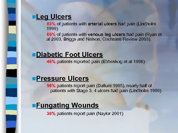 n. Leg Ulcers 83% of patients with arterial ulcers had pain (Lindholm 1999) 65%