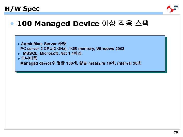 H/W Spec • 100 Managed Device 이상 적용 스펙 Admin. Mate Server 사양 PC