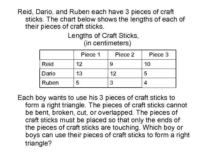 Reid, Dario, and Ruben each have 3 pieces of craft sticks. The chart below
