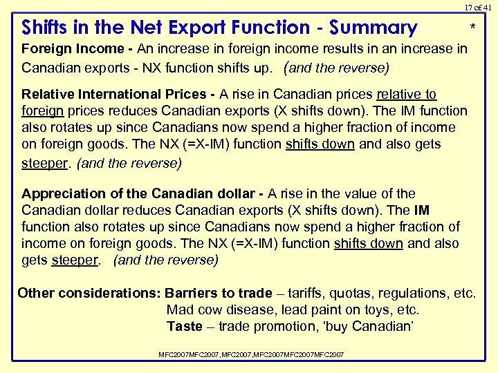 17 of 41 Shifts in the Net Export Function - Summary * Foreign Income