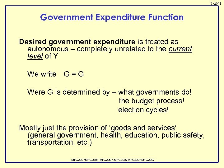 7 of 41 Government Expenditure Function Desired government expenditure is treated as autonomous –