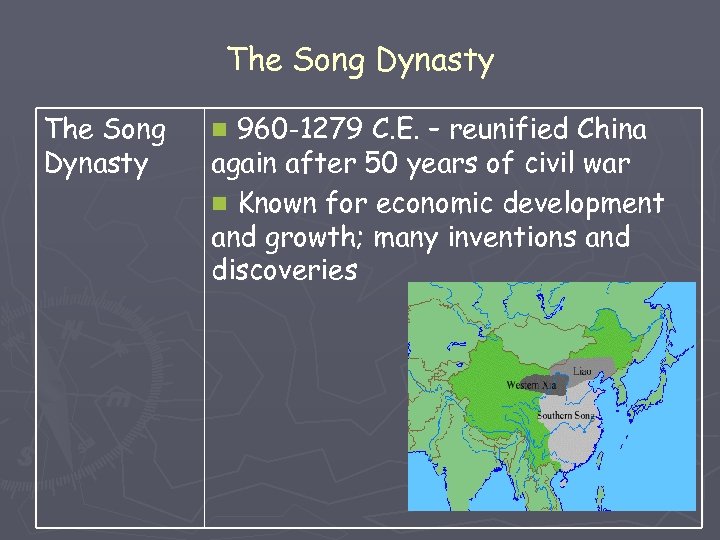 The Song Dynasty 960 -1279 C. E. – reunified China again after 50 years