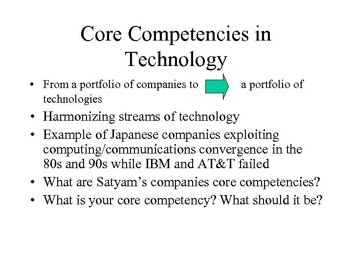 Core Competencies in Technology • From a portfolio of companies to technologies a portfolio
