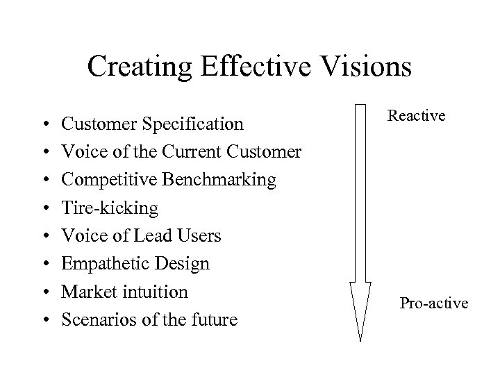 Creating Effective Visions • • Customer Specification Voice of the Current Customer Competitive Benchmarking