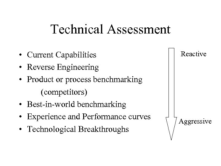 Technical Assessment • Current Capabilities • Reverse Engineering • Product or process benchmarking (competitors)