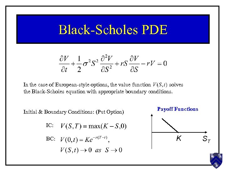 Black-Scholes PDE In the case of European-style options, the value function solves the Black-Scholes