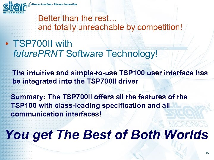Better than the rest… and totally unreachable by competition! • TSP 700 II with
