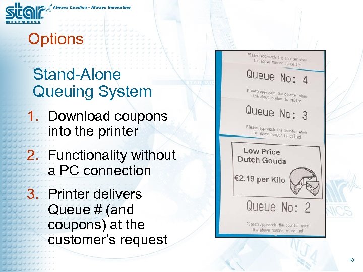 Options Stand-Alone Queuing System 1. Download coupons into the printer 2. Functionality without a