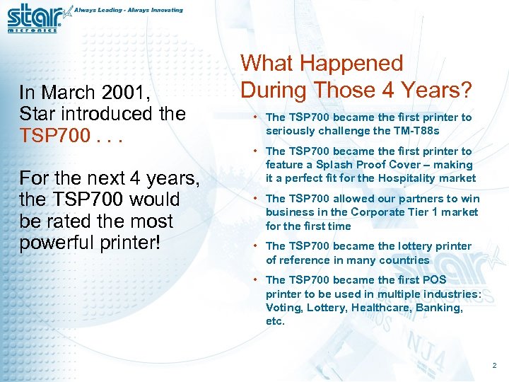 In March 2001, Star introduced the TSP 700. . . For the next 4
