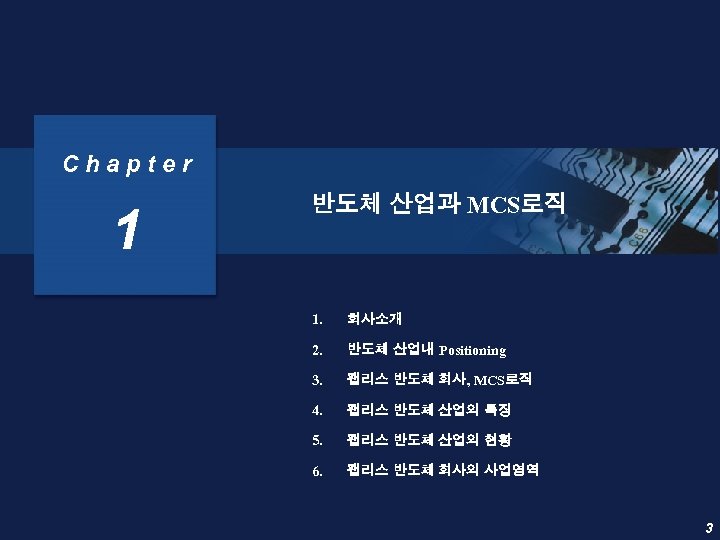 Chapter 1 반도체 산업과 MCS로직 1. 회사소개 2. 반도체 산업내 Positioning 3. 팹리스 반도체