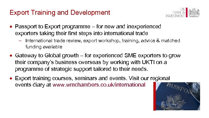 Export Training and Development · Passport to Export programme – for new and inexperienced