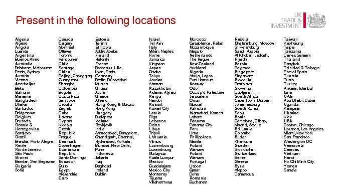 Present in the following locations Algeria Algiers Angola Luanda Argentina Buenos Aires Australia Brisbane,