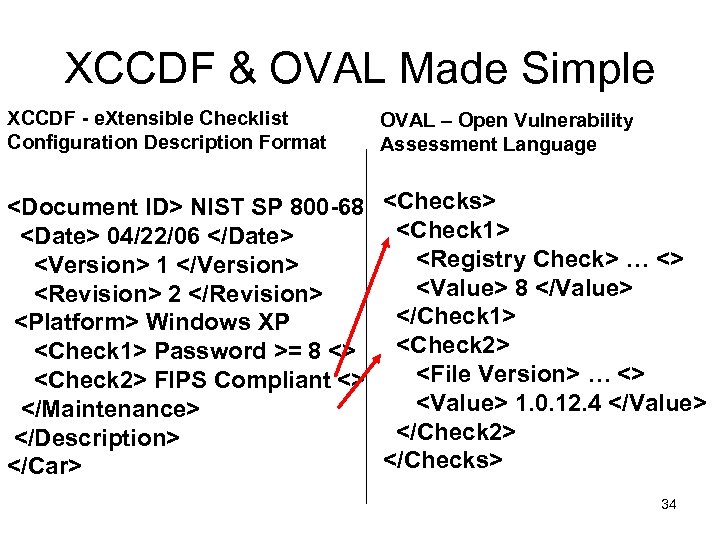 XCCDF & OVAL Made Simple XCCDF - e. Xtensible Checklist Configuration Description Format OVAL