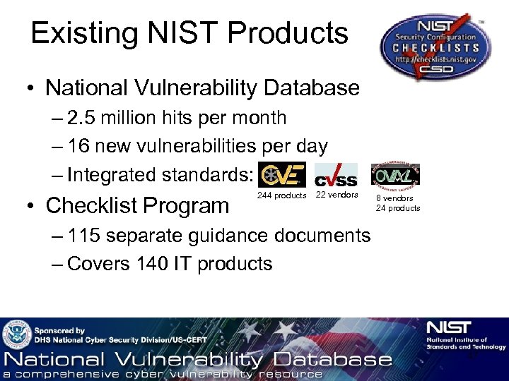 Existing NIST Products • National Vulnerability Database – 2. 5 million hits per month