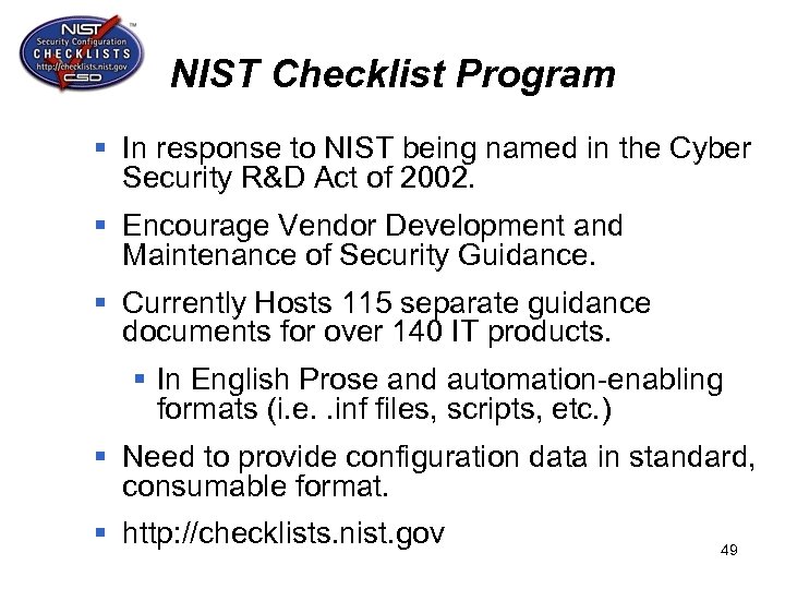 NIST Checklist Program § In response to NIST being named in the Cyber Security