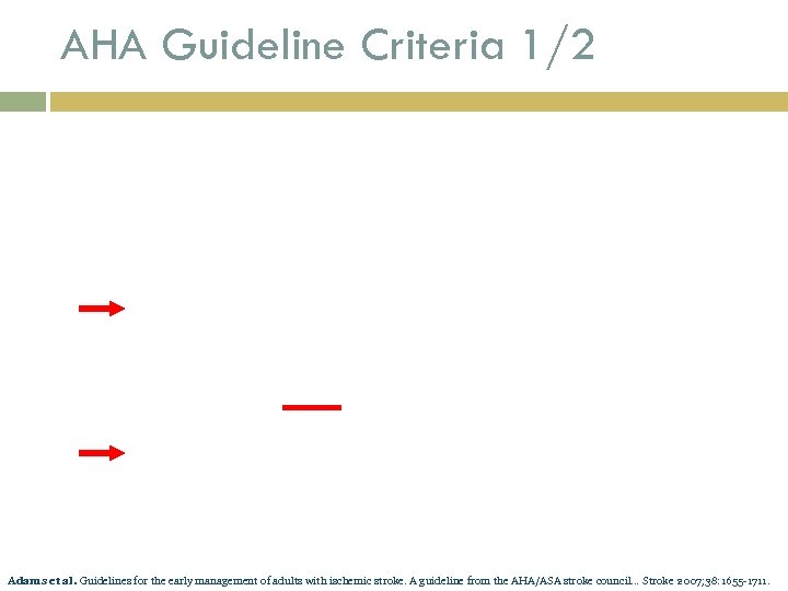 AHA Guideline Criteria 1/2 Adams et al. Guidelines for the early management of adults