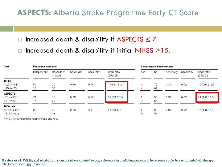 ASPECTS: Alberta Stroke Programme Early CT Score Increased death & disability if ASPECTS ≤