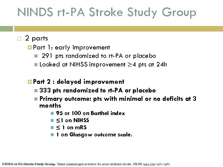 NINDS rt-PA Stroke Study Group 2 parts Part 1: early improvement 291 pts randomized