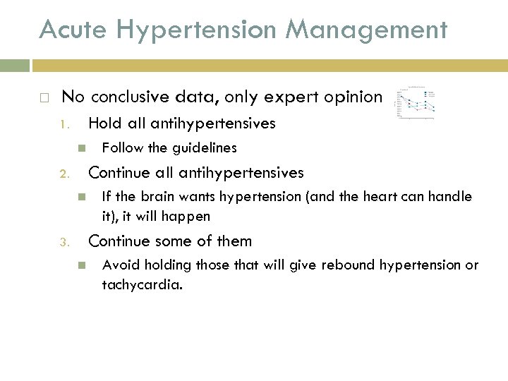 Acute Hypertension Management No conclusive data, only expert opinion Hold all antihypertensives 1. Follow