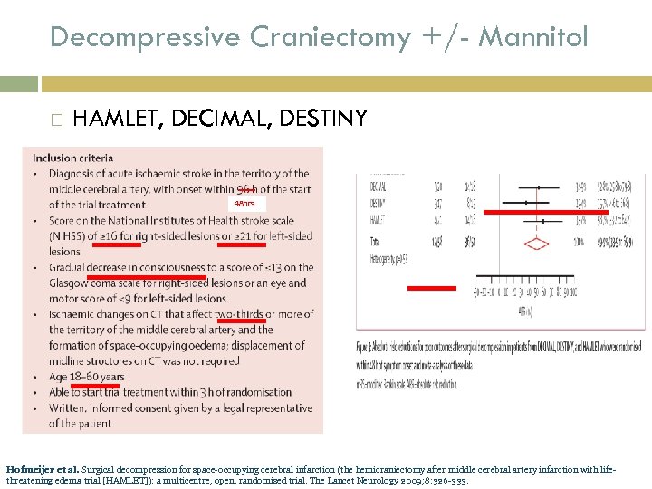 Decompressive Craniectomy +/- Mannitol HAMLET, DECIMAL, DESTINY 48 hrs Hofmeijer et al. Surgical decompression