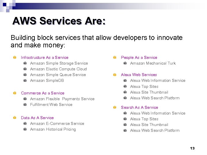 AWS Services Are: Building block services that allow developers to innovate and make money: