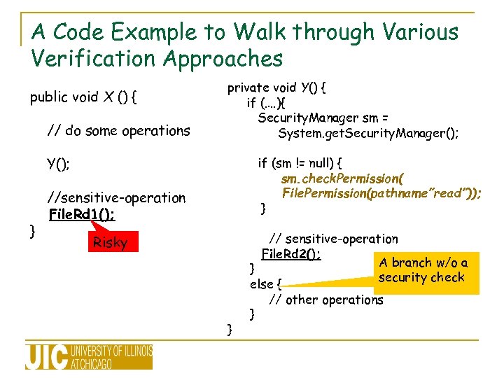 A Code Example to Walk through Various Verification Approaches public void X () {