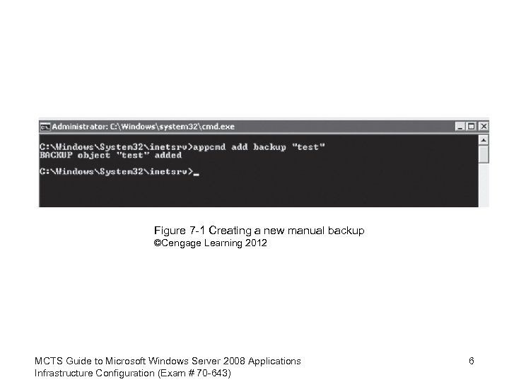 Figure 7 -1 Creating a new manual backup ©Cengage Learning 2012 MCTS Guide to